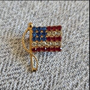 1/$5 or 3/$10 Vintage American Flag Metal Rhinestone Gold-Tone Pin Brooch
